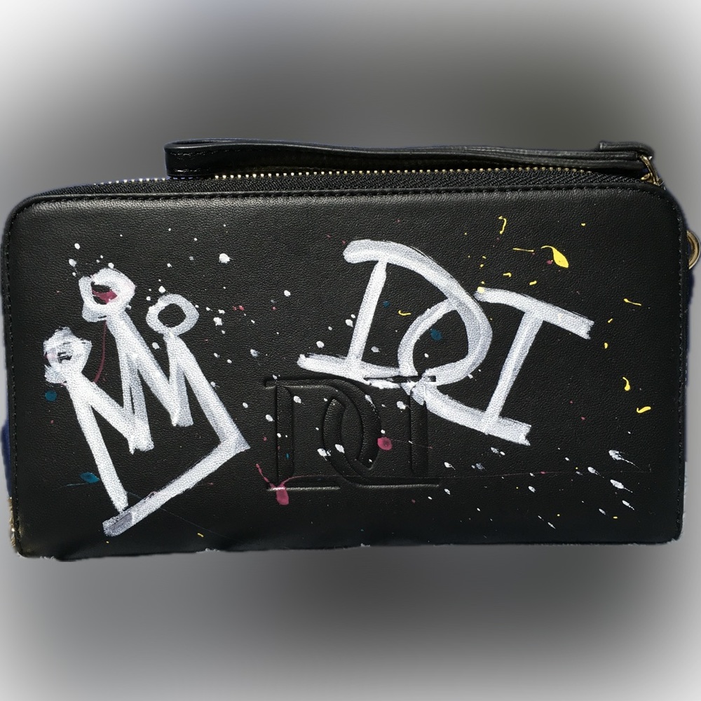 DESERI Black Leather and Gold Handware Paris Wristlet Clutch Paris Hand Painted